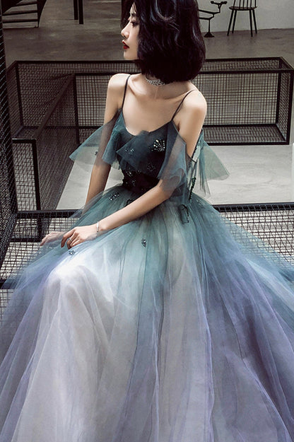 Stylish V-Neck Gradient Tulle Long Prom Dress, A-Line Backless Evening Party Dress