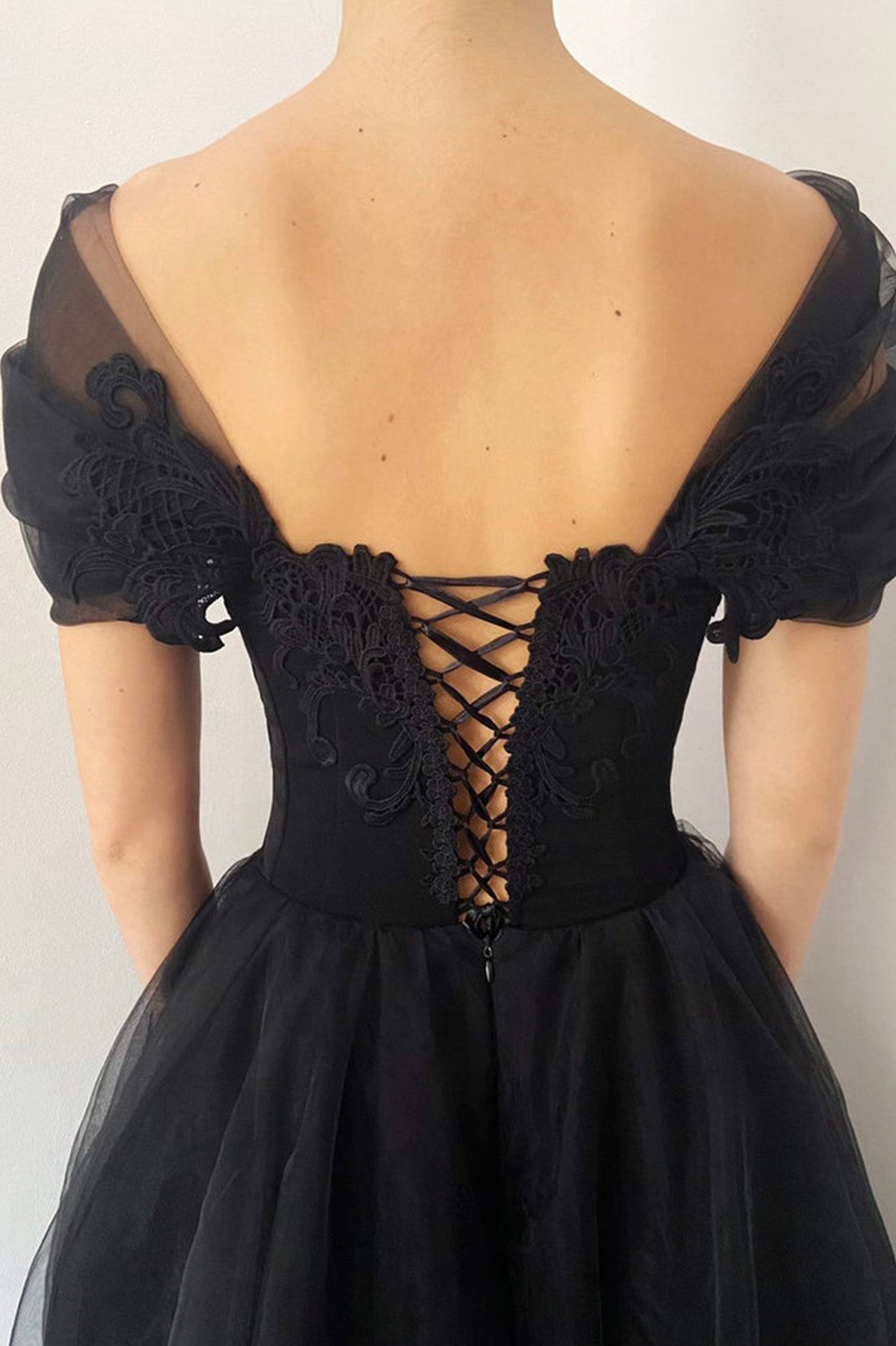 Black V-Neck Lace Long Prom Dress, Black A-Line Evening Party Dress