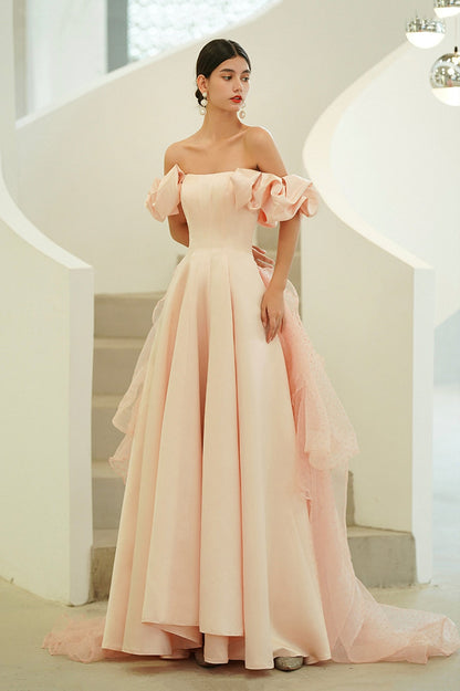 Pink Satin Long A-Line Prom Dress, Pink Strapless Evening Party Dress