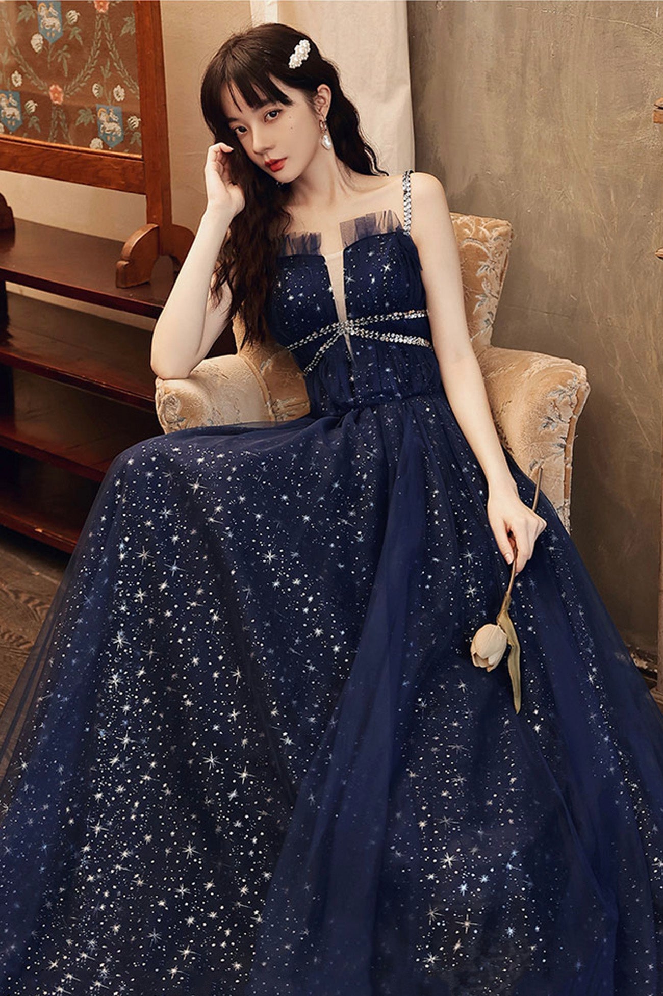 Blue Spaghetti Strap Tulle Prom Dress, A-Line Evening Graduation Dress