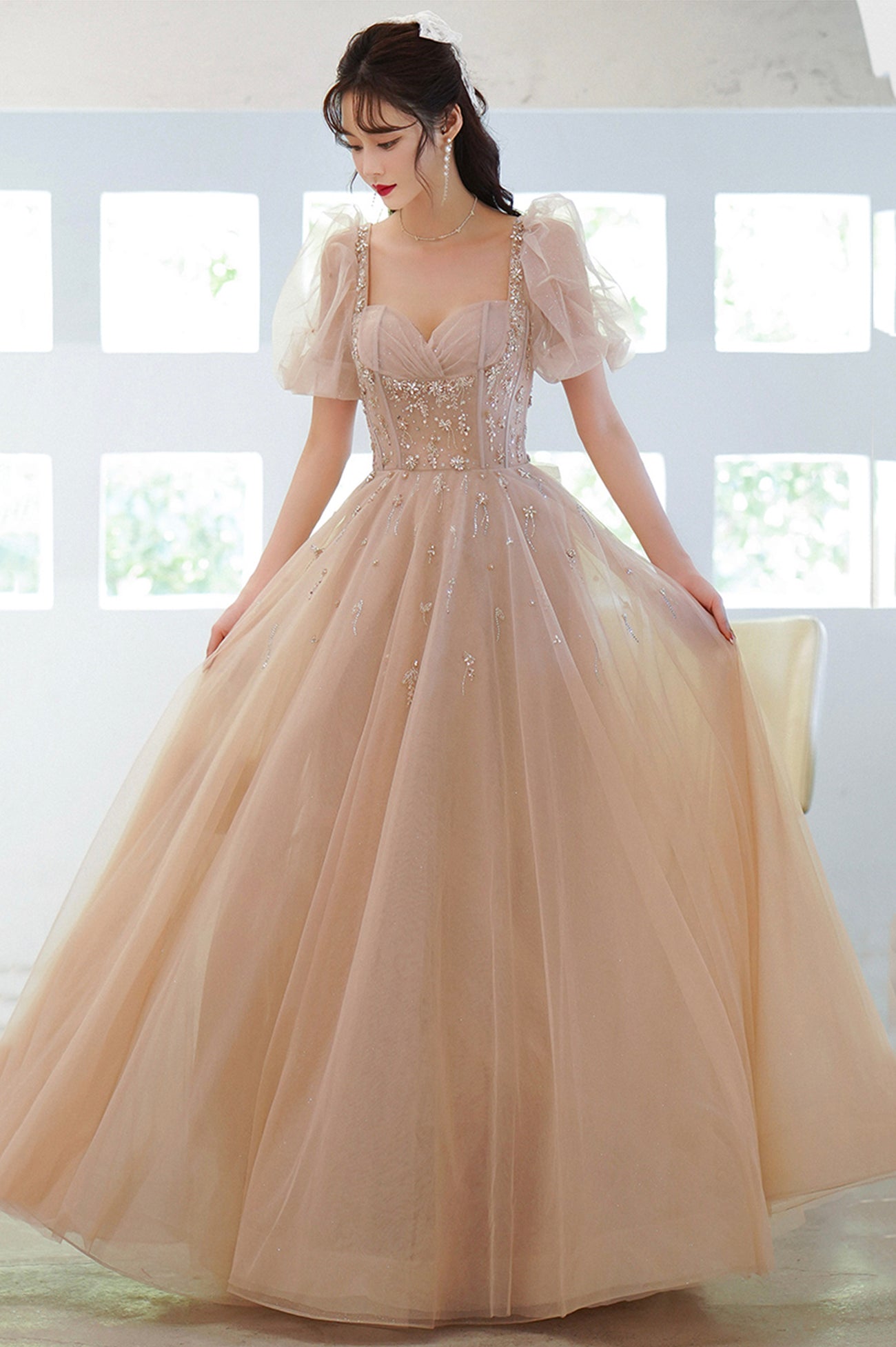 Cute Tulle Beaded Long Prom Dress, A-Line Short Sleeve Evening Dress with Bow