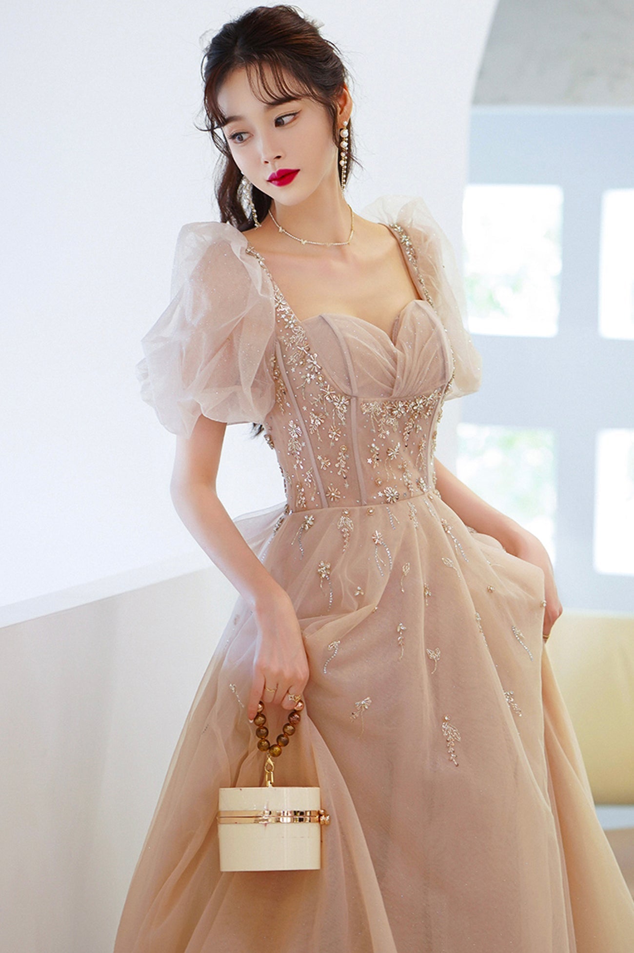 Cute Tulle Beaded Long Prom Dress, A-Line Short Sleeve Evening Dress with Bow