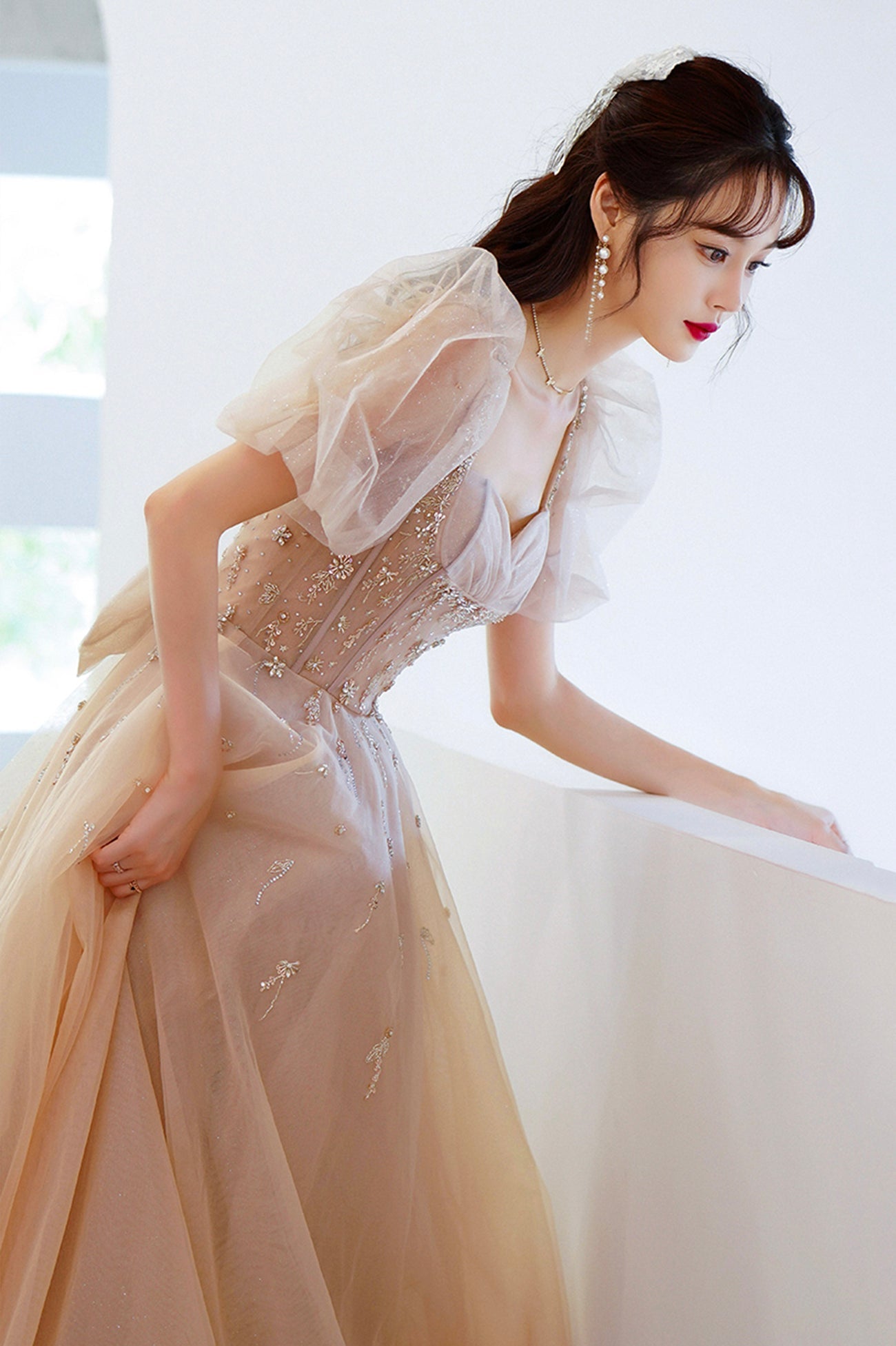 Cute Tulle Beaded Long Prom Dress, A-Line Short Sleeve Evening Dress with Bow