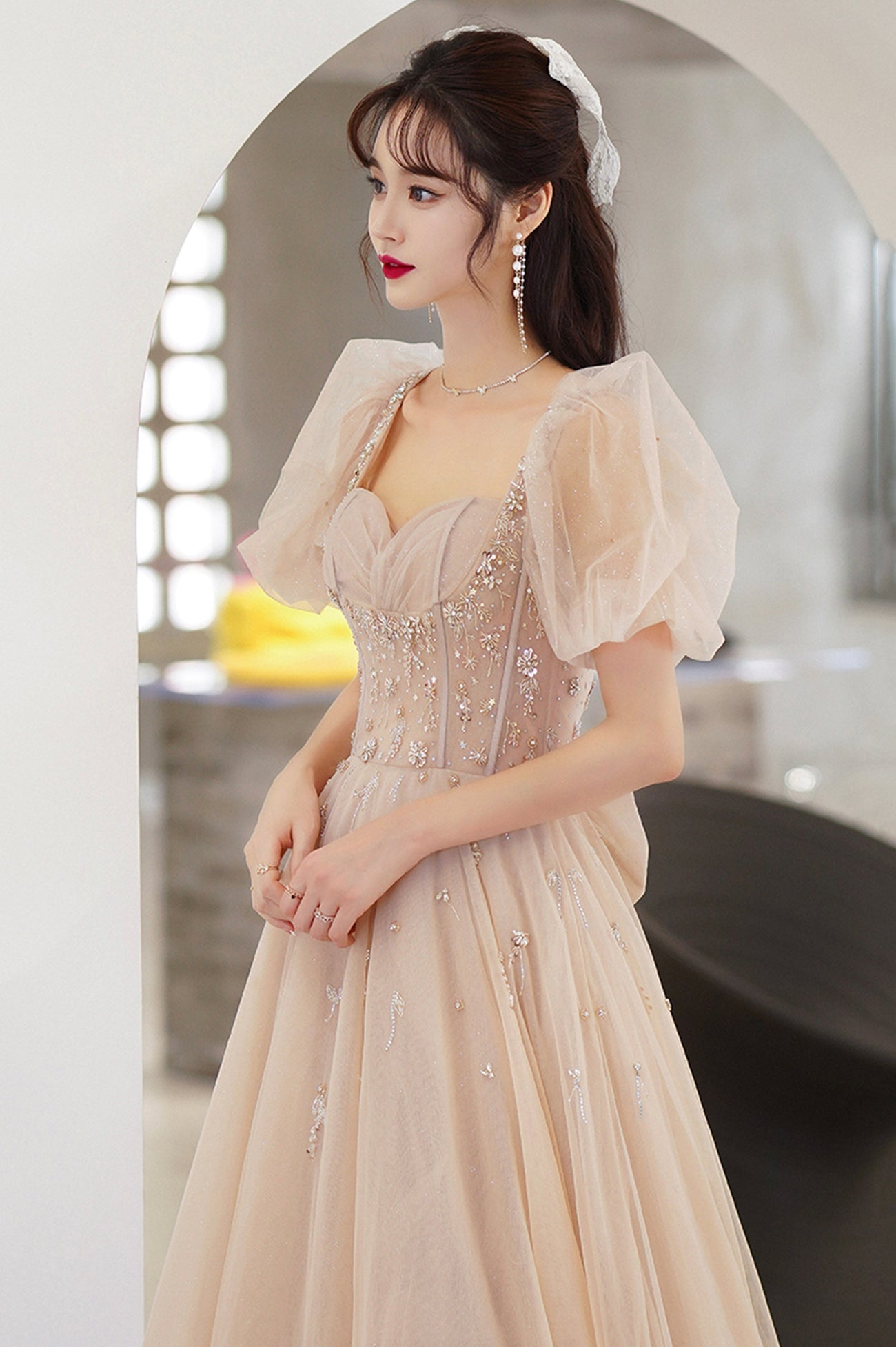 Cute Tulle Beaded Long Prom Dress, A-Line Short Sleeve Evening Dress with Bow