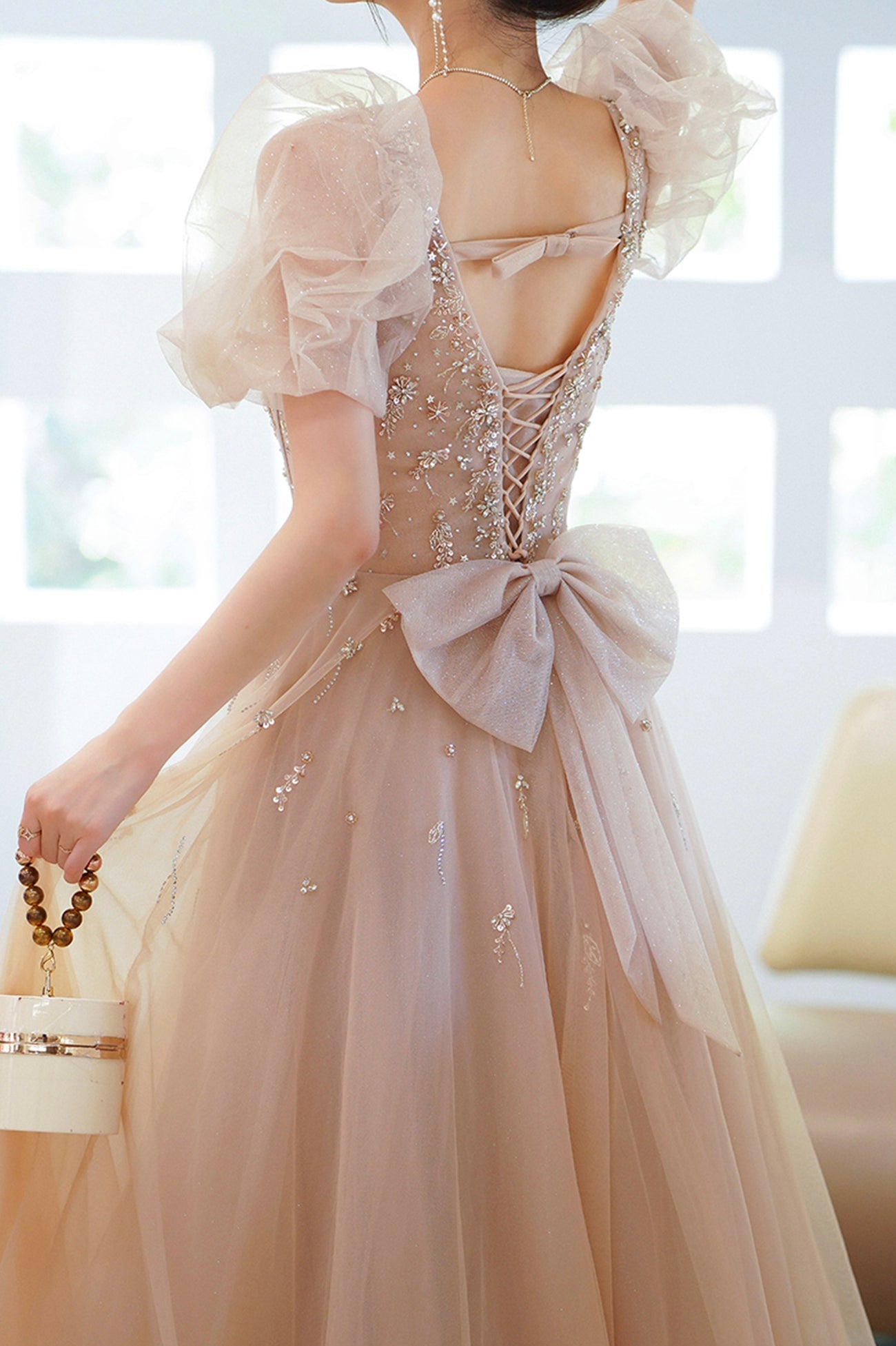 Cute Tulle Beaded Long Prom Dress, A-Line Short Sleeve Evening Dress with Bow