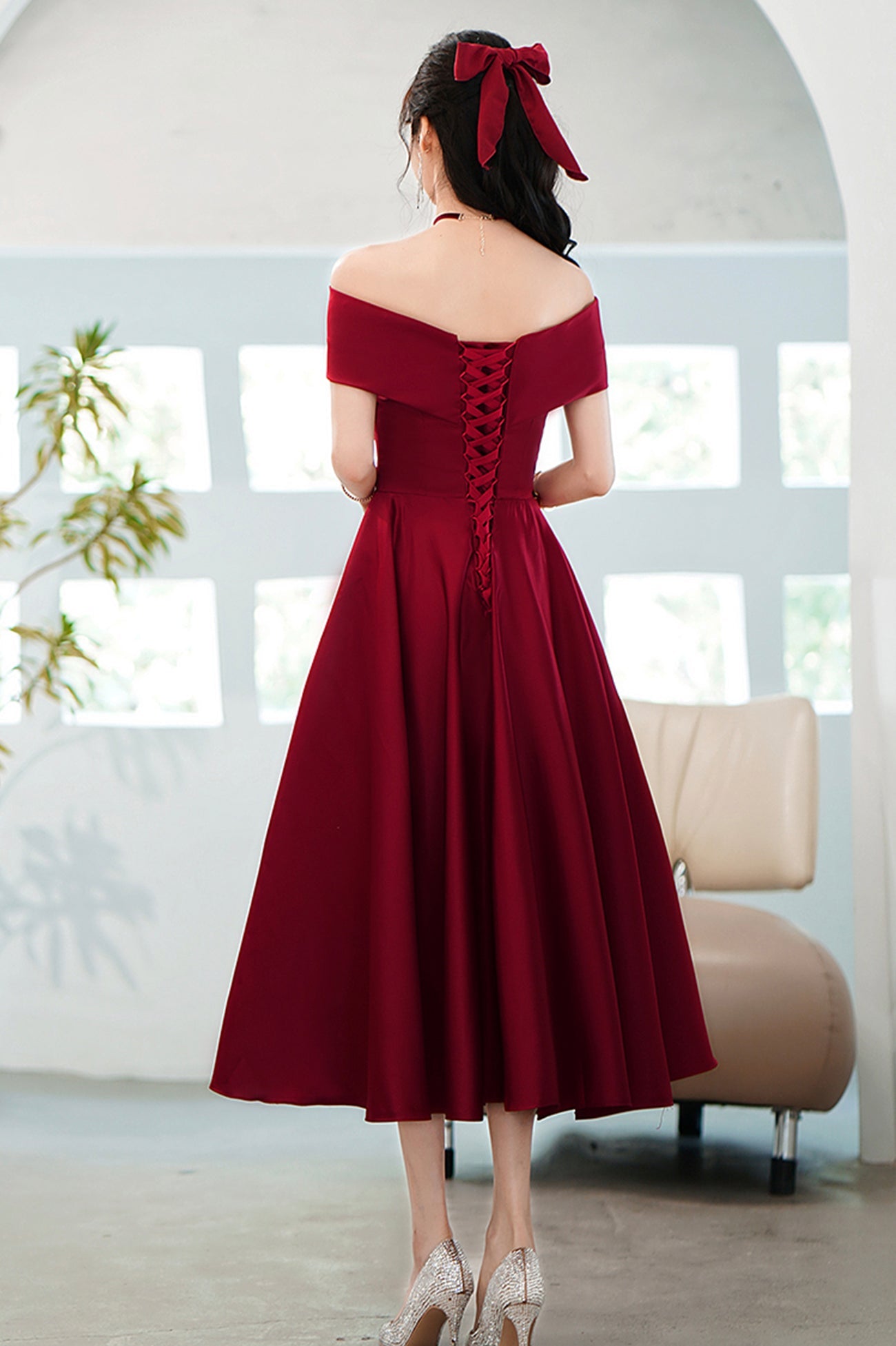 Burgundy Satin Short A-Line Prom Dress, Off the Shoulder Homecoming Party Dress