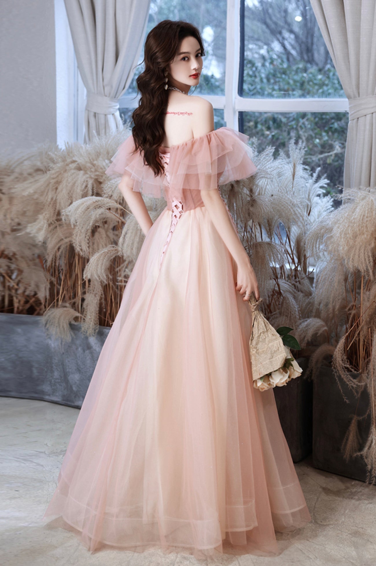 Pink Tulle Off the Shoulder Prom Dress, Lovely A-Line Graduation Dress