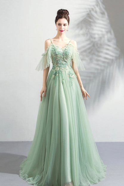 Green Lace Spaghetti Strap Floor Length Evening Dress, A-Line Prom Dress