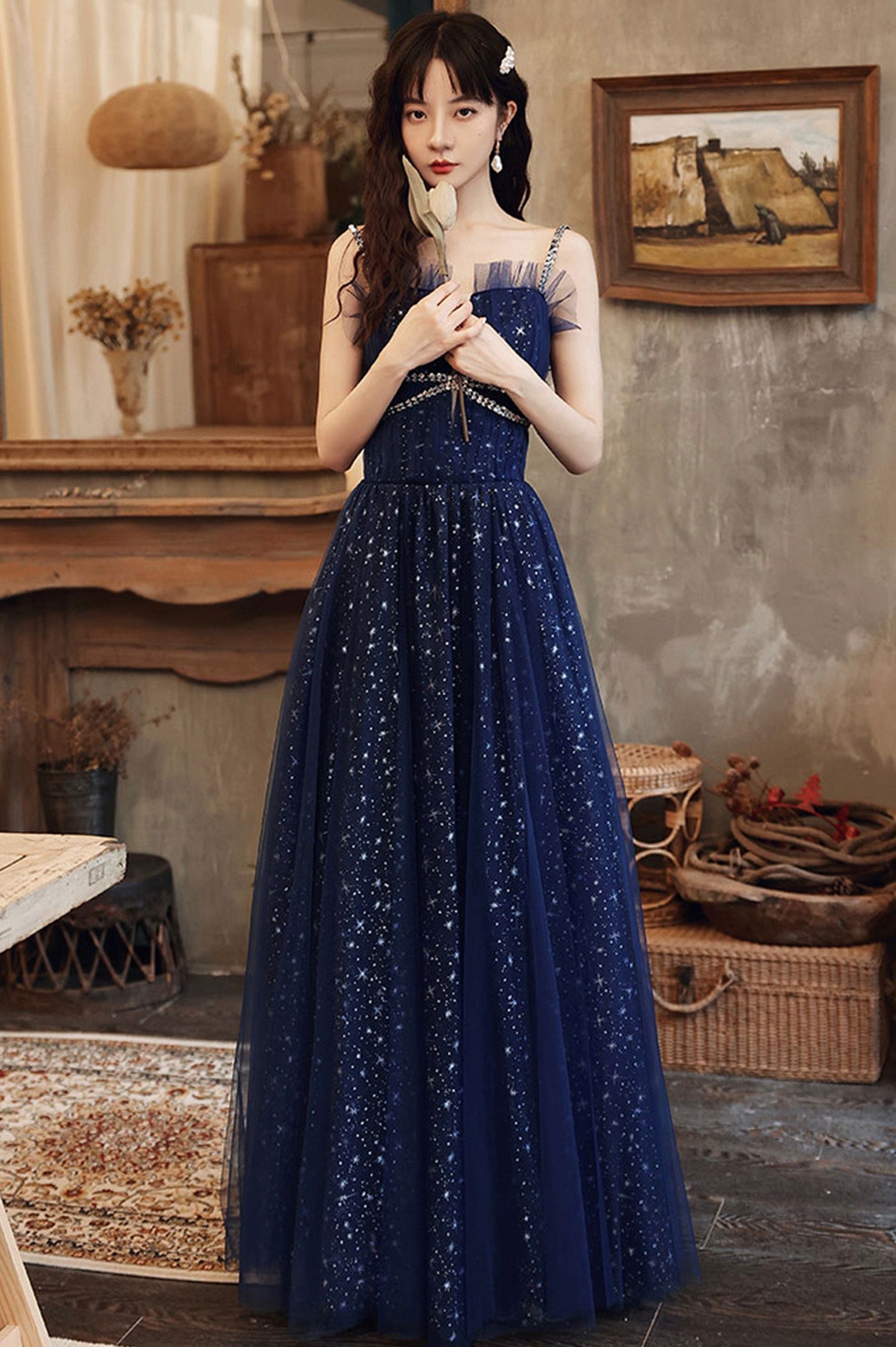 Blue Spaghetti Strap Tulle Prom Dress, A-Line Evening Graduation Dress