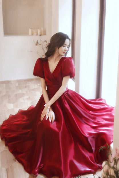 Burgundy V-Neck Short A-Line Prom Dress, Burgundy Short Sleeve Party Dress