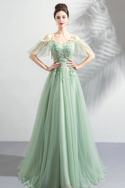 Green Lace Spaghetti Strap Floor Length Evening Dress, A-Line Prom Dress