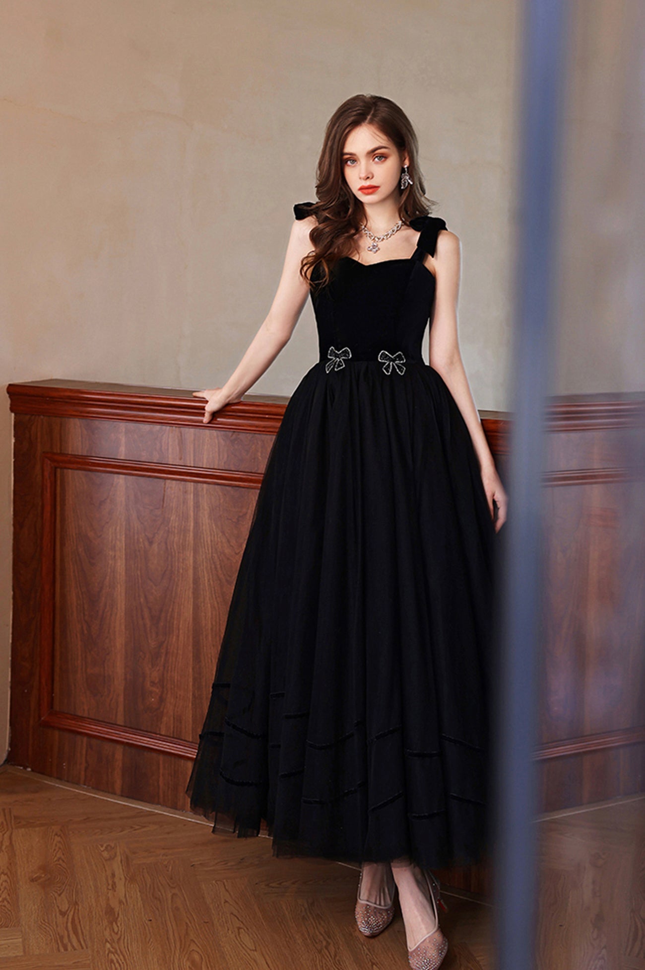 Black Velvet Tulle Long A-Line Prom Dress, Black Evening Party Dress
