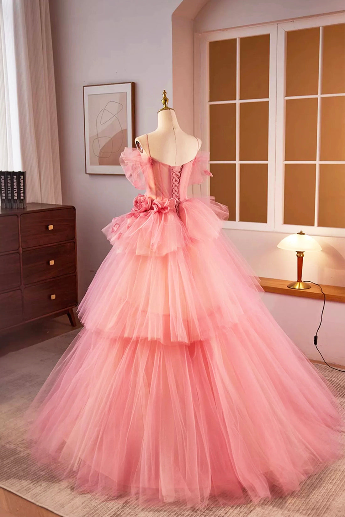 Pink Spaghetti Strap Tulle Long Prom Dress, Beautiful A-Line Formal Sweet 16 Dress