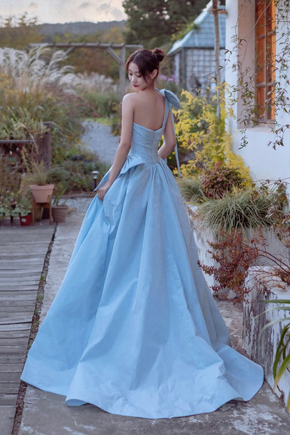 Blue Satin One Shoulder Floor Length Prom Dress, Lovely A-Line Evening Party Dress