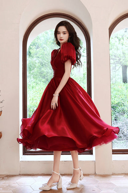Burgundy V-Neck Short A-Line Prom Dress, Burgundy Short Sleeve Party Dress