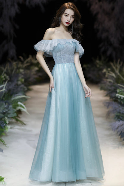 Cute Tulle Long A-Line Prom Dress, Off the Shoulder Evening Party Dress