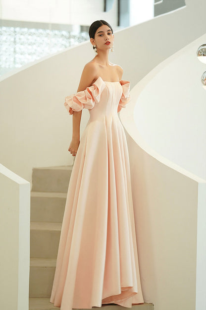 Pink Satin Long A-Line Prom Dress, Pink Strapless Evening Party Dress