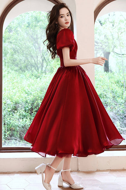Burgundy V-Neck Short A-Line Prom Dress, Burgundy Short Sleeve Party Dress