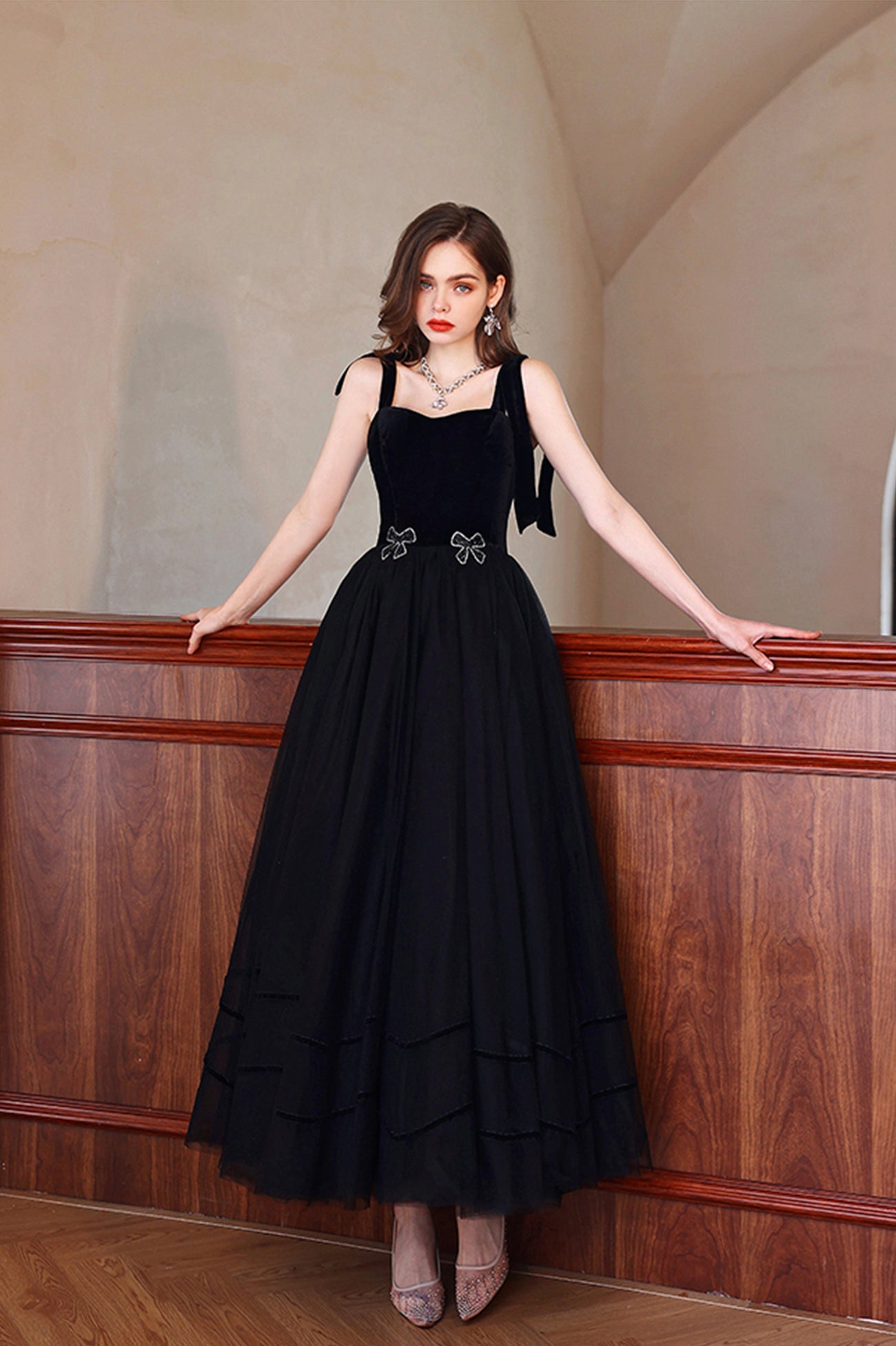 Black Velvet Tulle Long A-Line Prom Dress, Black Evening Party Dress