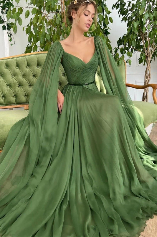 Green Chiffon Long A-Line Prom Dress, Long Sleeve Evening Graduation Dress