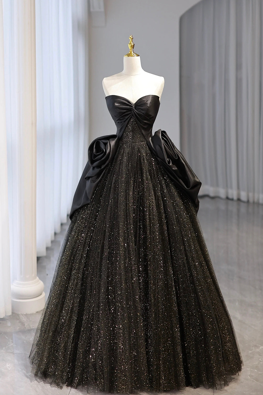Black Strapless Satin and Tulle Long Prom Dress, Beautiful A-Line Evening Party Dress