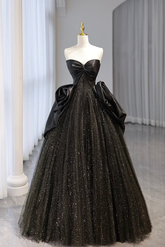 Black Strapless Satin and Tulle Long Prom Dress, Beautiful A-Line Evening Party Dress