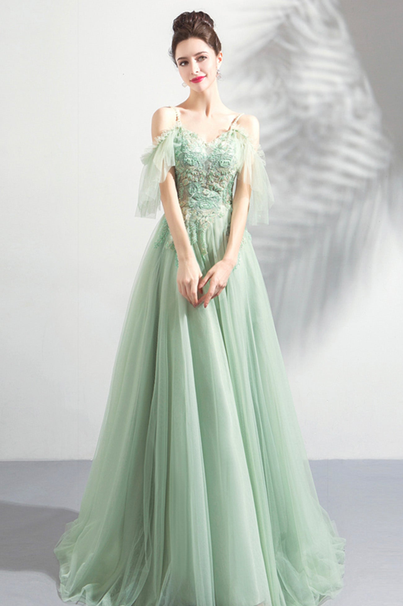 Green Lace Spaghetti Strap Floor Length Evening Dress, A-Line Prom Dress