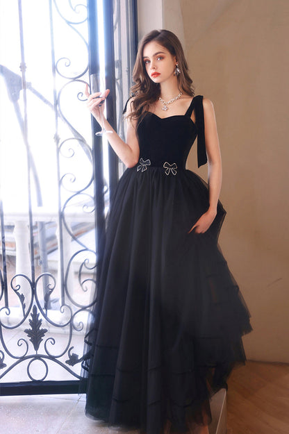 Black Velvet Tulle Long A-Line Prom Dress, Black Evening Party Dress