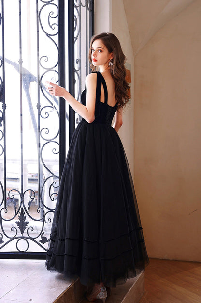 Black Velvet Tulle Long A-Line Prom Dress, Black Evening Party Dress
