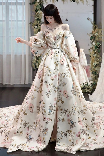 Stylish Printed Pattern Long Prom Dress, White Long Sleeve Evening Party Dress