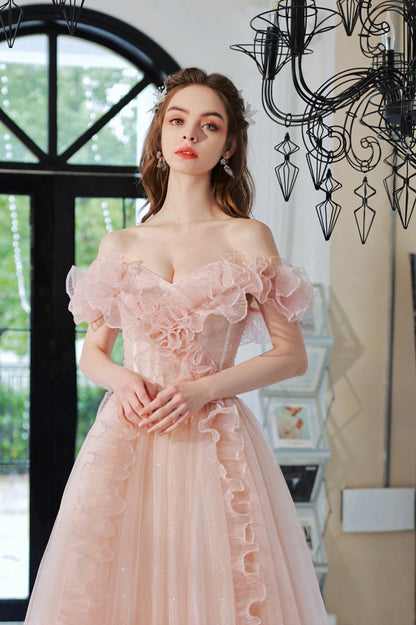 Pink Tulle Long A-Line Prom Dress, Lovely Off the Shoulder Evening Dress