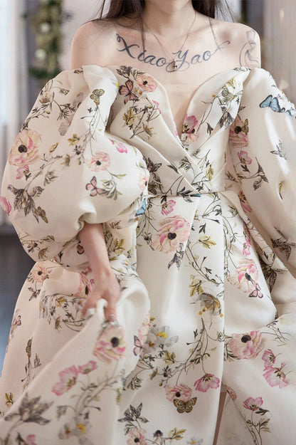 Stylish Printed Pattern Long Prom Dress, White Long Sleeve Evening Party Dress