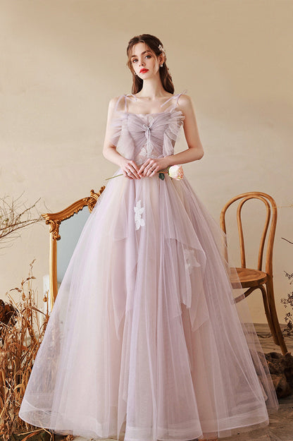 Cute Tulle Lace Long A-Line Prom Dress, Spaghetti Straps Evening Dress