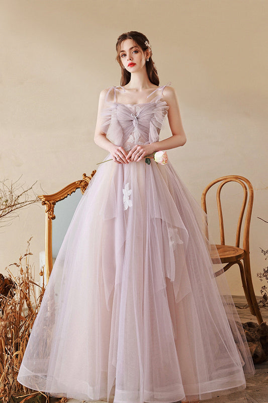 Cute Tulle Lace Long A-Line Prom Dress, Spaghetti Straps Evening Dress