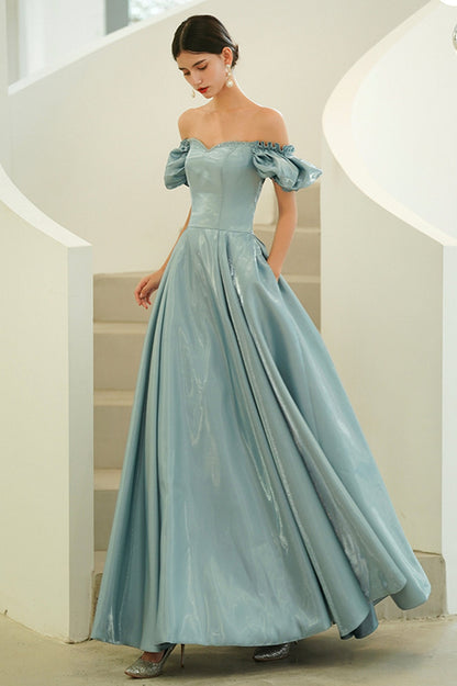 Blue Satin Long A-Line Prom Dress, Off the Shoulder Evening Party Dress
