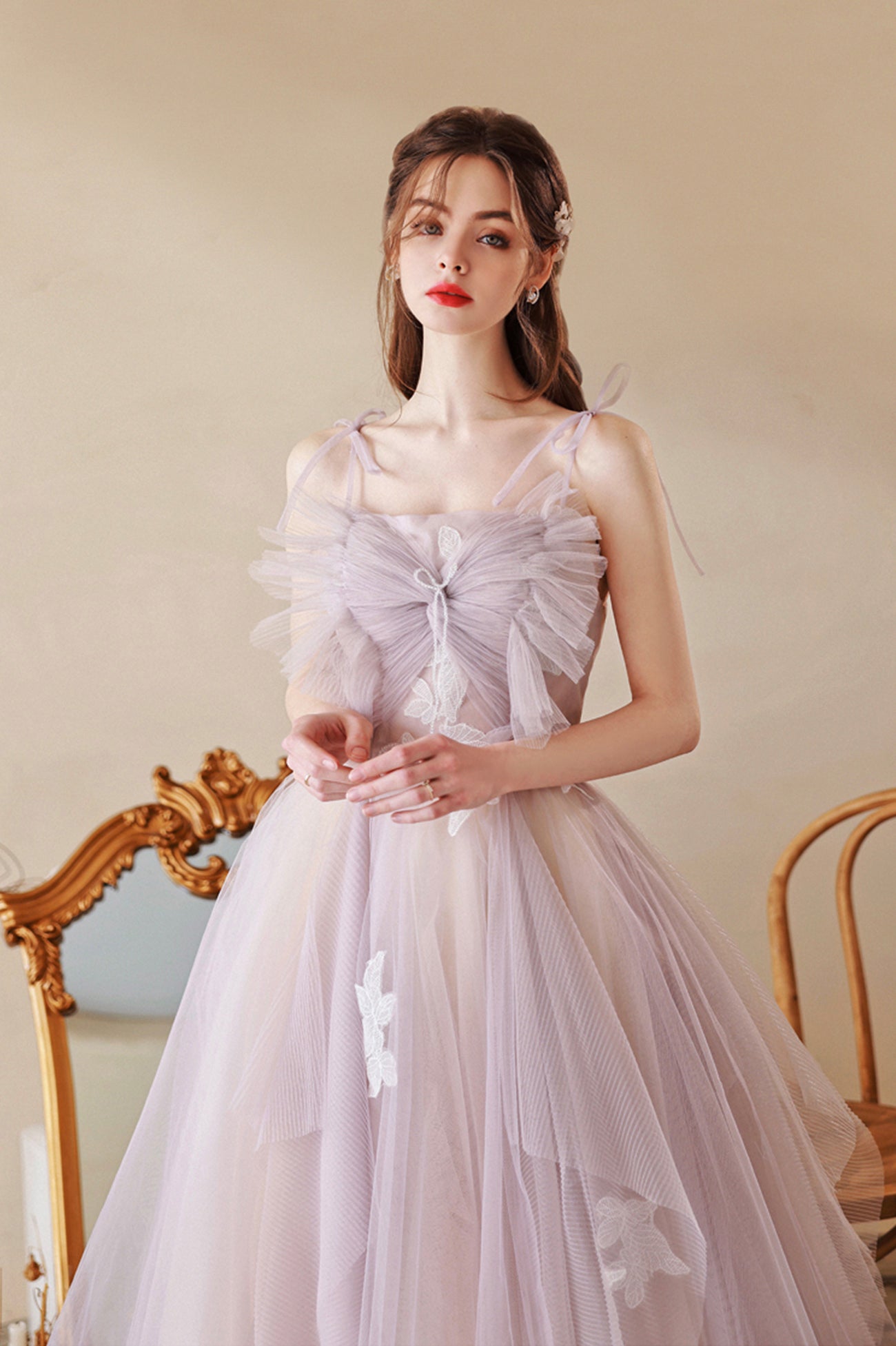 Cute Tulle Lace Long A-Line Prom Dress, Spaghetti Straps Evening Dress