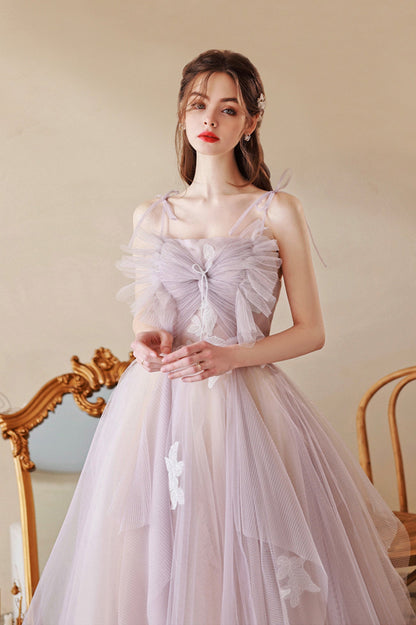 Cute Tulle Lace Long A-Line Prom Dress, Spaghetti Straps Evening Dress