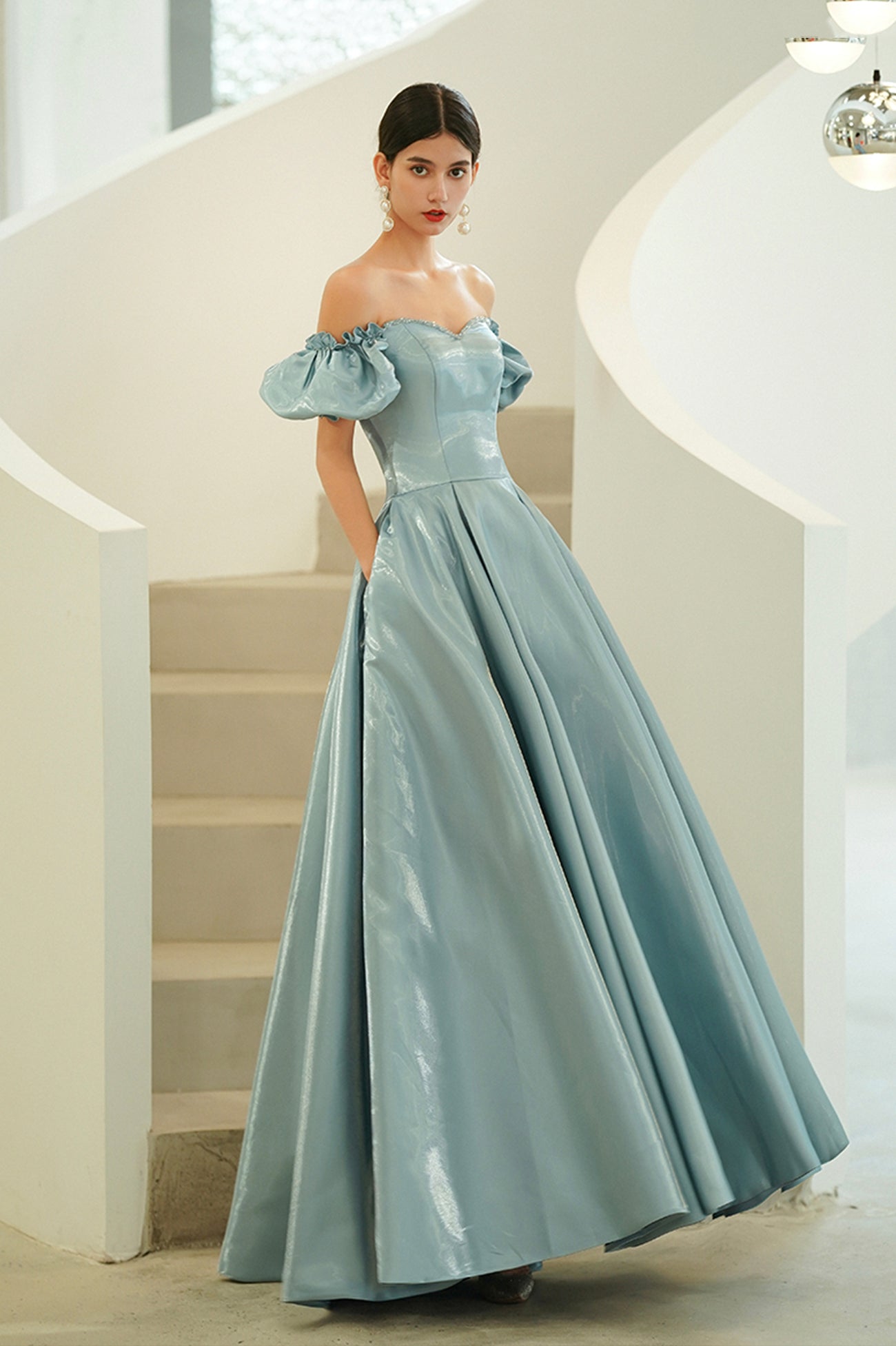 Blue Satin Long A-Line Prom Dress, Off the Shoulder Evening Party Dress