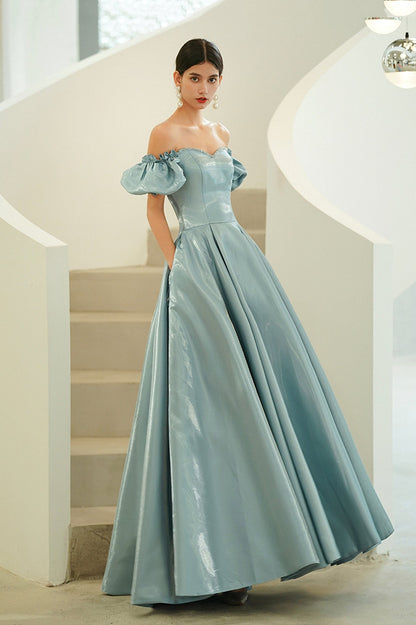 Blue Satin Long A-Line Prom Dress, Off the Shoulder Evening Party Dress