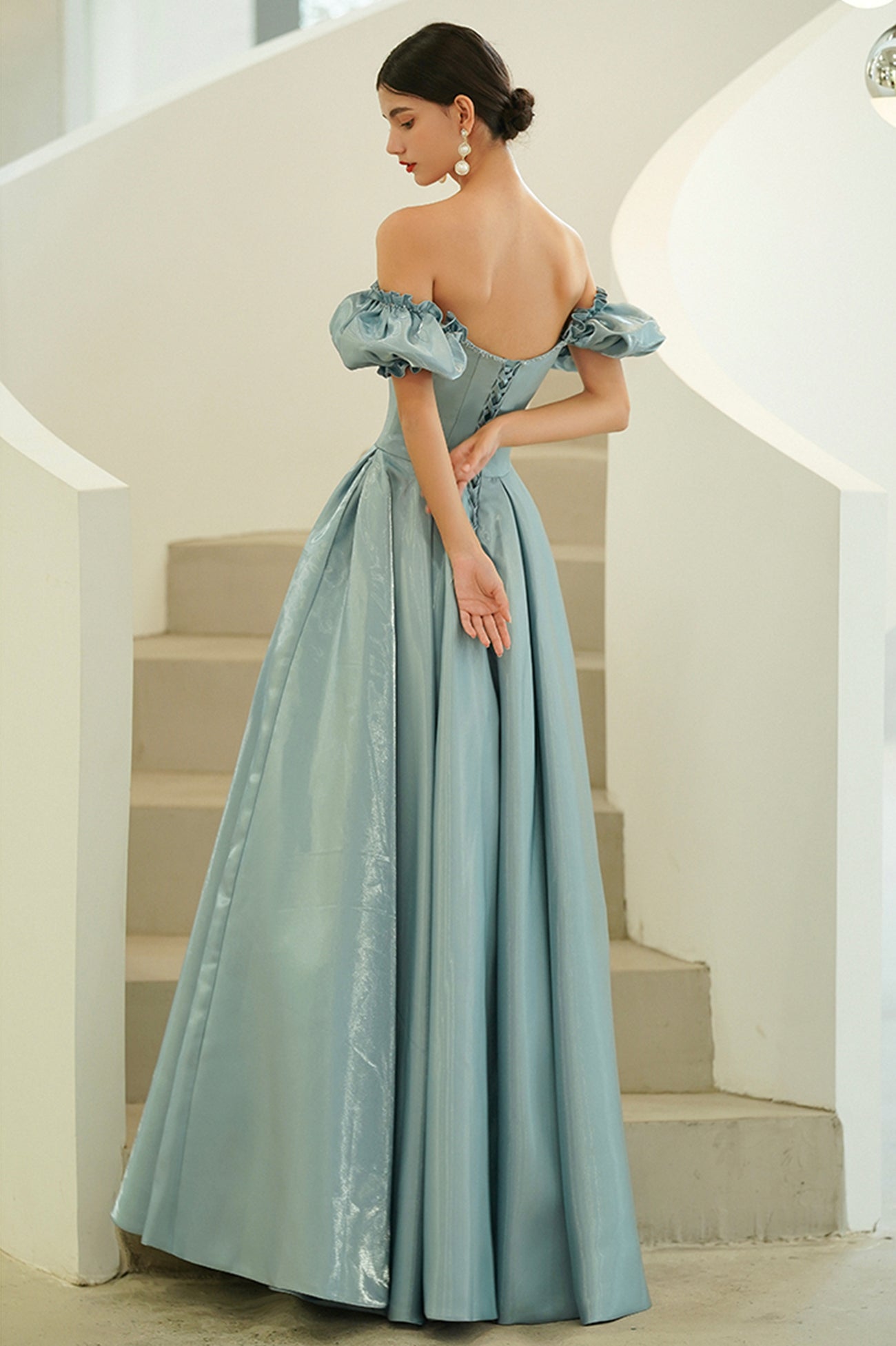 Blue Satin Long A-Line Prom Dress, Off the Shoulder Evening Party Dress