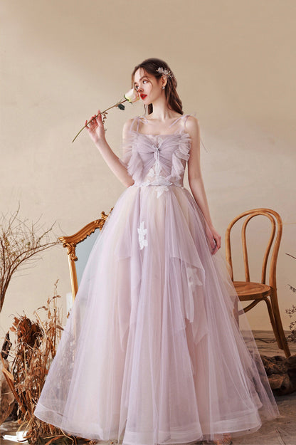 Cute Tulle Lace Long A-Line Prom Dress, Spaghetti Straps Evening Dress