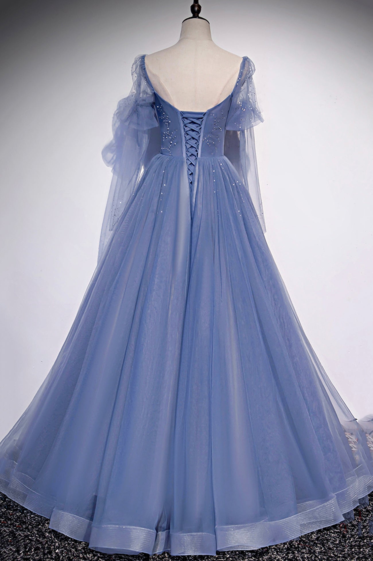 Blue Tulle Long Sleeve Prom Dress, A-Line Blue Evening Party Dress