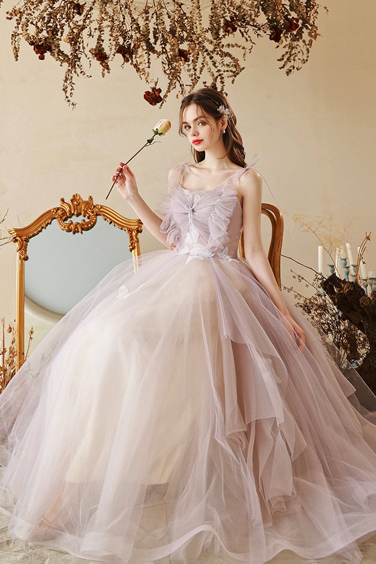 Cute Tulle Lace Long A-Line Prom Dress, Spaghetti Straps Evening Dress