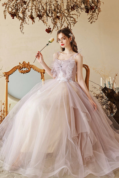 Cute Tulle Lace Long A-Line Prom Dress, Spaghetti Straps Evening Dress