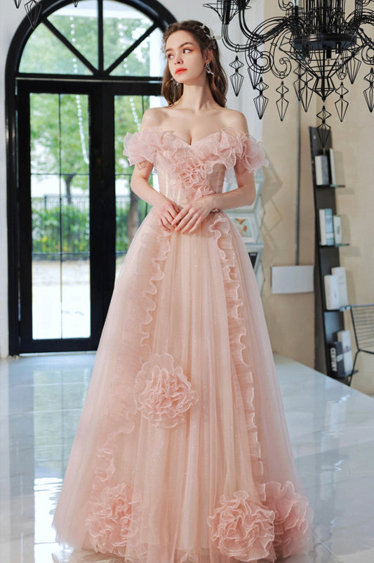 Pink Tulle Long A-Line Prom Dress, Lovely Off the Shoulder Evening Dress