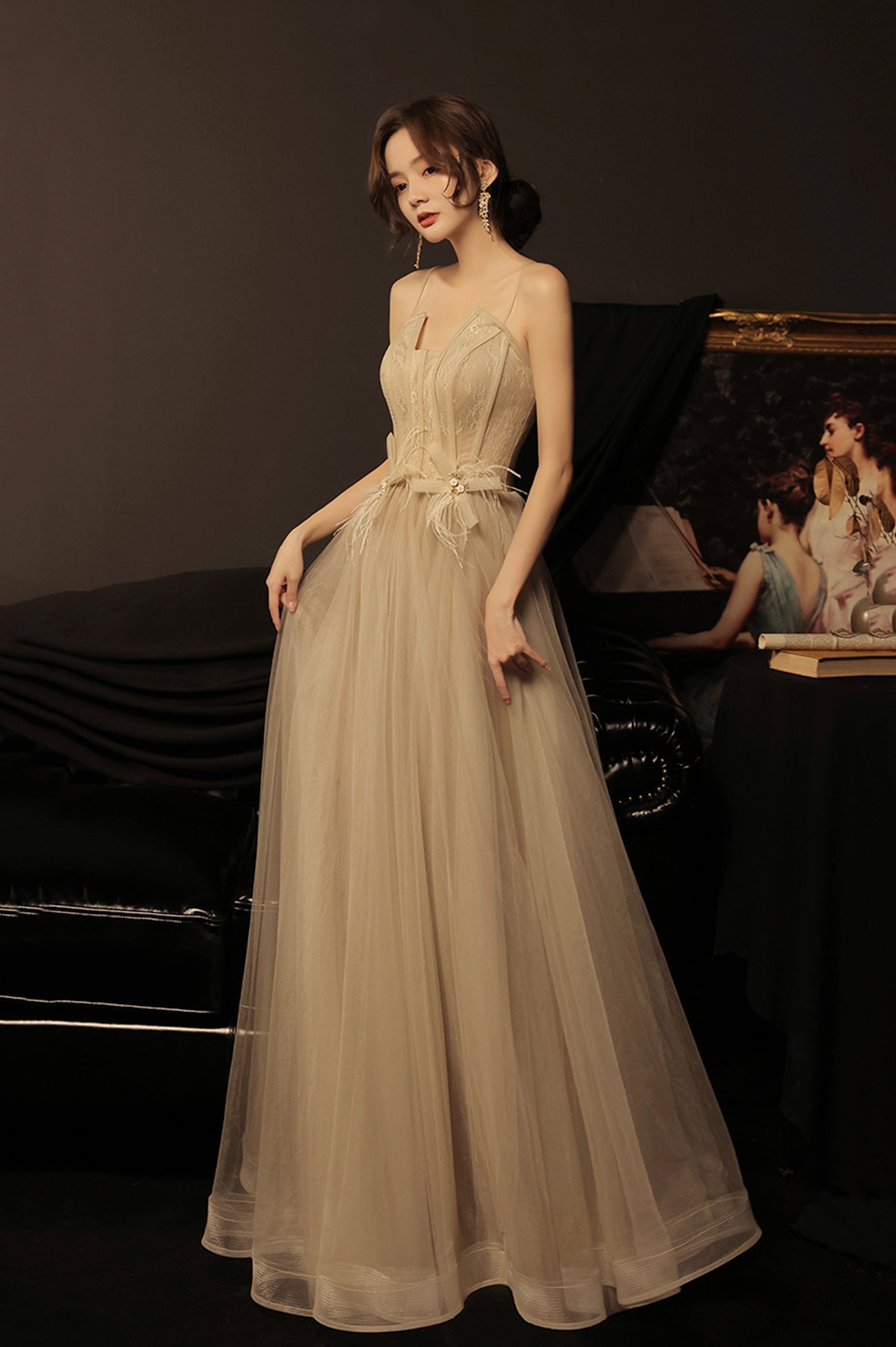 Stylish Tulle Long A-Line Prom Dress, Champagne Strapless Evening Party Dress