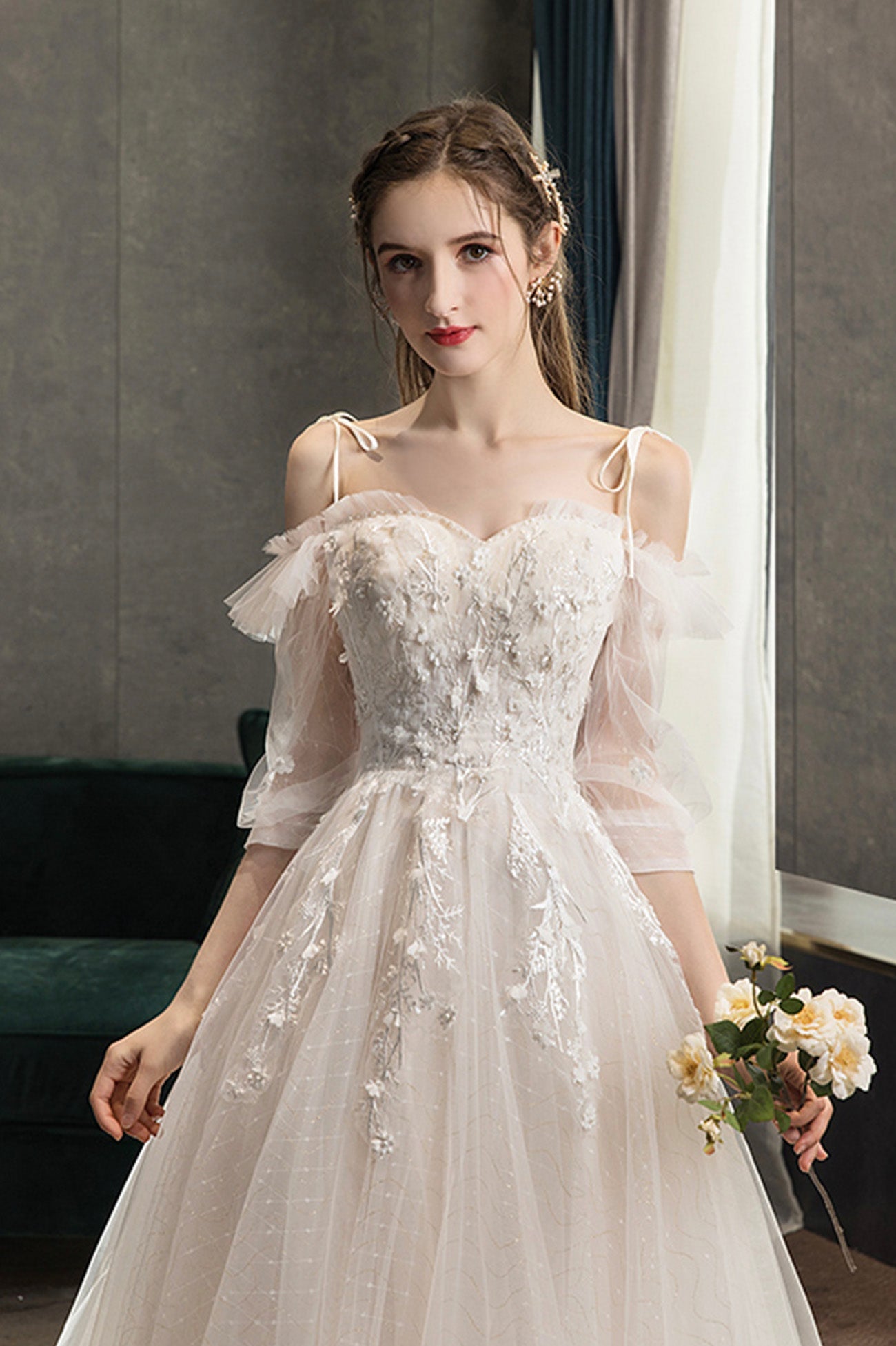 A-Line Lace Long Prom Dress, Off the Shoulder Formal Evening Dress
