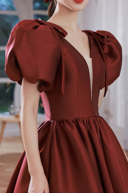 Burgundy Satin Long A-Line Prom Dress, V-Neck Short Sleeve Evening Dress