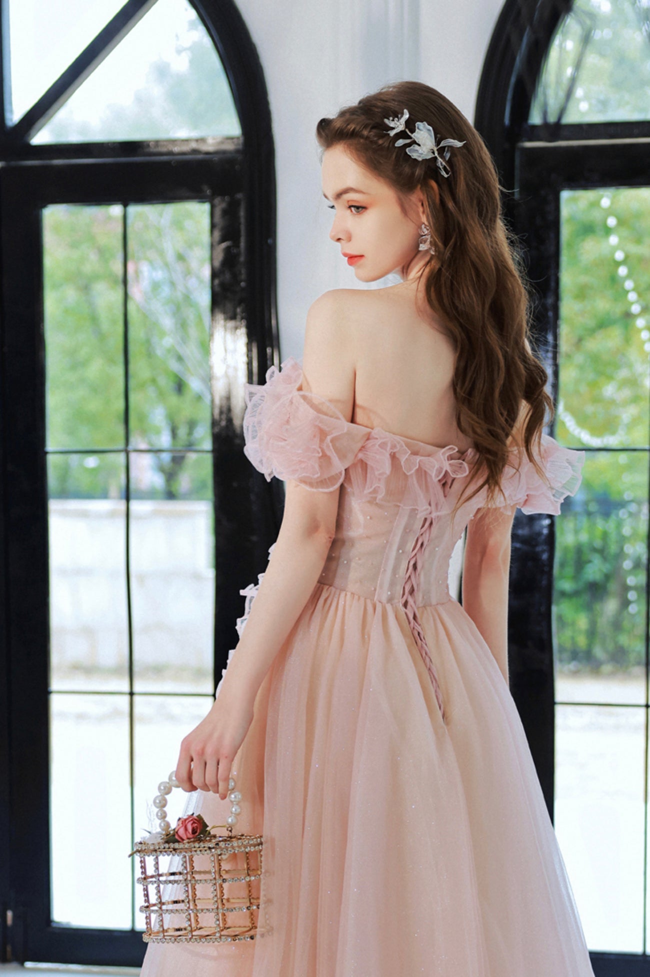 Pink Tulle Long A-Line Prom Dress, Lovely Off the Shoulder Evening Dress
