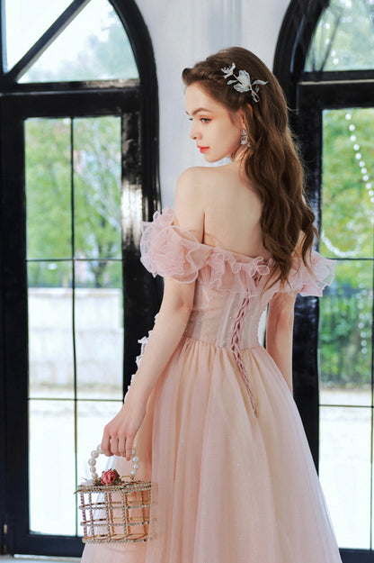Pink Tulle Long A-Line Prom Dress, Lovely Off the Shoulder Evening Dress